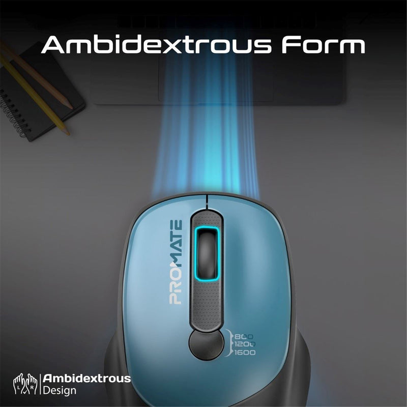 Promate EZGrip Ambidextrous Ergonomic Wireless Mouse. 800/1200/1600Dpi, Easy Plug & Play, Up to6Millon Keystrokes, Lag-free, Long Life Battery with Low Power Consumption. Blue Colour