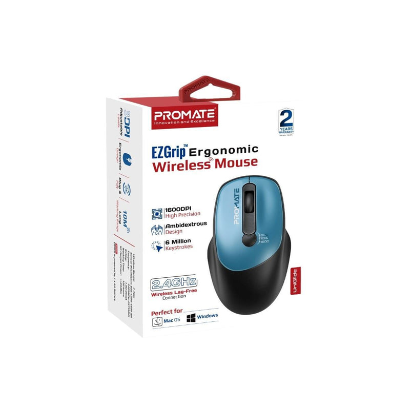 Promate EZGrip Ambidextrous Ergonomic Wireless Mouse. 800/1200/1600Dpi, Easy Plug & Play, Up to6Millon Keystrokes, Lag-free, Long Life Battery with Low Power Consumption. Blue Colour