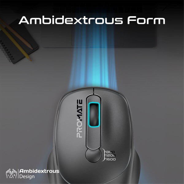 Promate EZGrip Ambidextrous Ergonomic Wireless Mouse. 800/1200/1600Dpi, Easy Plug & Play, Upto6Millon Keystrokes, Lag-free, Long Life Battery with Low Power Consumption. Black Colour