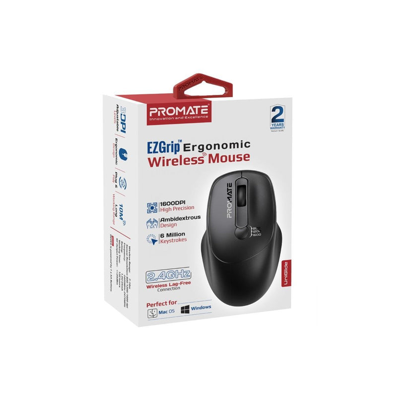 Promate EZGrip Ambidextrous Ergonomic Wireless Mouse. 800/1200/1600Dpi, Easy Plug & Play, Upto6Millon Keystrokes, Lag-free, Long Life Battery with Low Power Consumption. Black Colour