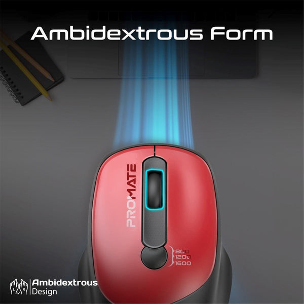 Promate EZGrip Ambidextrous Ergonomic Wireless Mouse. 800/1200/1600Dpi, Easy Plug & Play, Up to6Millon Keystrokes, Lag-free, Long Life Battery with Low Power Consumption. Red Colour