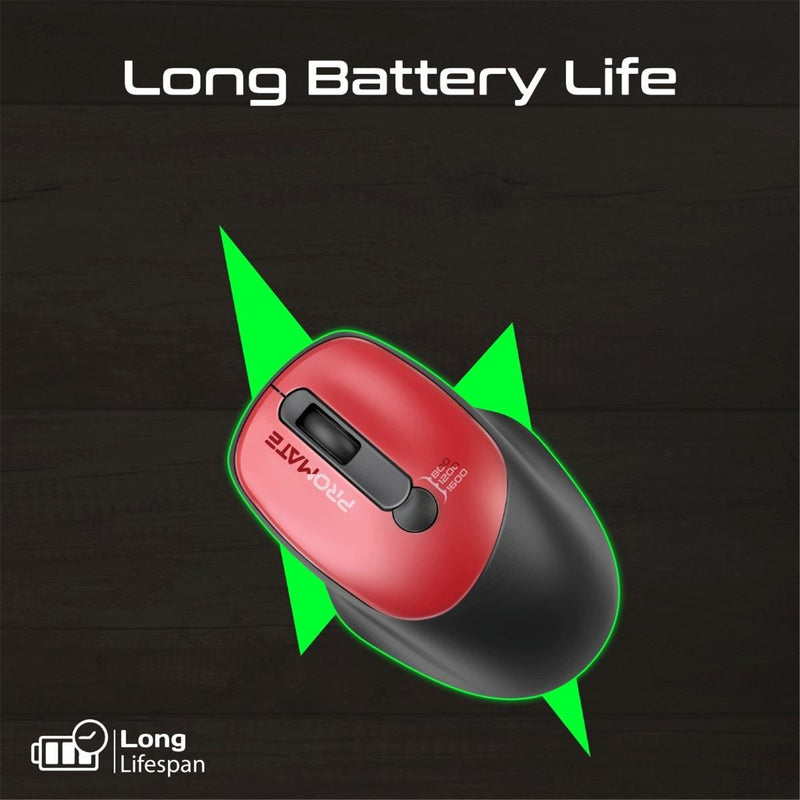 Promate EZGrip Ambidextrous Ergonomic Wireless Mouse. 800/1200/1600Dpi, Easy Plug & Play, Up to6Millon Keystrokes, Lag-free, Long Life Battery with Low Power Consumption. Red Colour