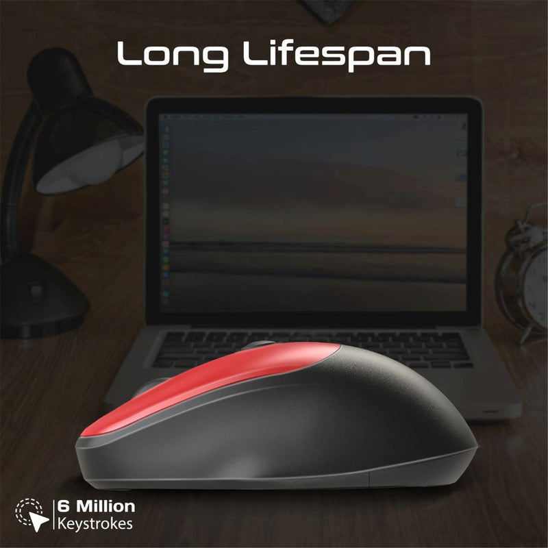 Promate EZGrip Ambidextrous Ergonomic Wireless Mouse. 800/1200/1600Dpi, Easy Plug & Play, Up to6Millon Keystrokes, Lag-free, Long Life Battery with Low Power Consumption. Red Colour