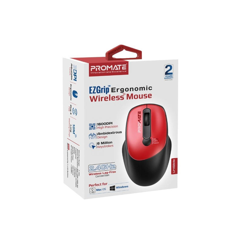 Promate EZGrip Ambidextrous Ergonomic Wireless Mouse. 800/1200/1600Dpi, Easy Plug & Play, Up to6Millon Keystrokes, Lag-free, Long Life Battery with Low Power Consumption. Red Colour