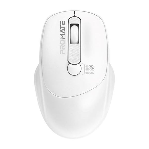 Promate EZGrip Ambidextrous Ergonomic Wireless Mouse. 800/1200/1600Dpi, Easy Plug & Play, Up to6Millon Keystrokes, Lag-free, Long Life Battery with Low Power Consumption. White Colour