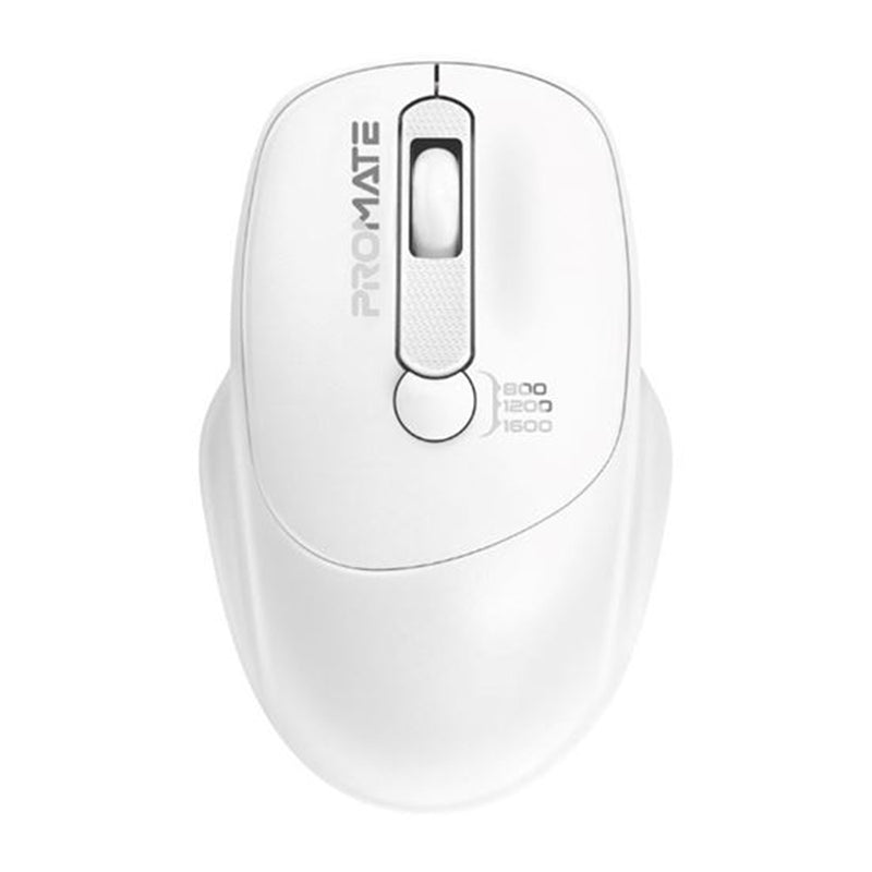 Promate EZGrip Ambidextrous Ergonomic Wireless Mouse. 800/1200/1600Dpi, Easy Plug & Play, Up to6Millon Keystrokes, Lag-free, Long Life Battery with Low Power Consumption. White Colour