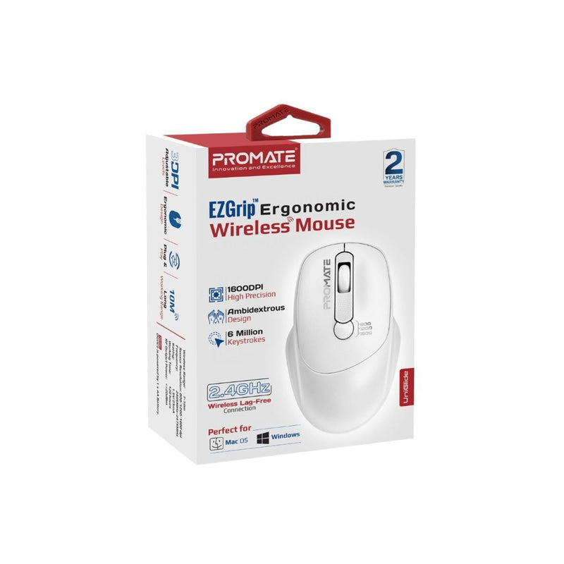 Promate EZGrip Ambidextrous Ergonomic Wireless Mouse. 800/1200/1600Dpi, Easy Plug & Play, Up to6Millon Keystrokes, Lag-free, Long Life Battery with Low Power Consumption. White Colour