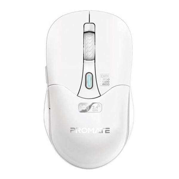 Promate Rechargeable Wireless Mouse with BT & RF Connectivity. 800/1200/1600Dpi. Built-in500mAhBattery. Range Up to 10m. 50cm Charging Cable. USB-C Port. 6x Fully Fuctional Buttons. White