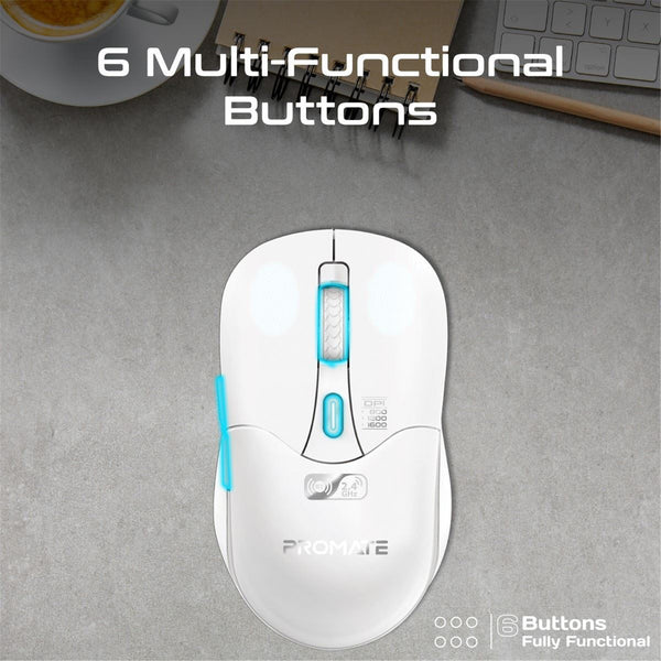 Promate Rechargeable Wireless Mouse with BT & RF Connectivity. 800/1200/1600Dpi. Built-in500mAhBattery. Range Up to 10m. 50cm Charging Cable. USB-C Port. 6x Fully Fuctional Buttons. White