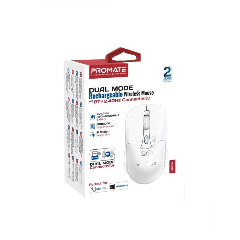 Promate Rechargeable Wireless Mouse with BT & RF Connectivity. 800/1200/1600Dpi. Built-in500mAhBattery. Range Up to 10m. 50cm Charging Cable. USB-C Port. 6x Fully Fuctional Buttons. White