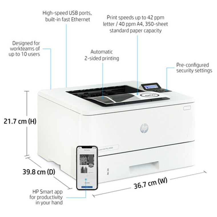 HP LaserJet Pro 4001DW Mono Laser Wireless Printer Duplex Print