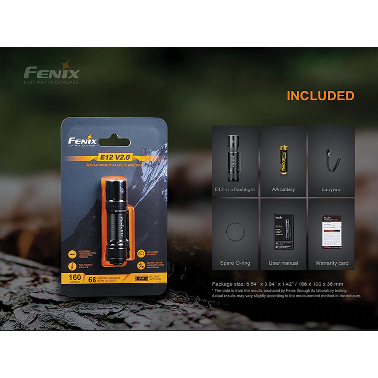 Fenix Everyday Carry Torch E12 V2.0 Mini Keychain Flashlight Max 160 Lumens, Head: 0.75" (19mm), Powered by 1 x AA Alkaline Battery. One-Hand Operate by Tail Switch