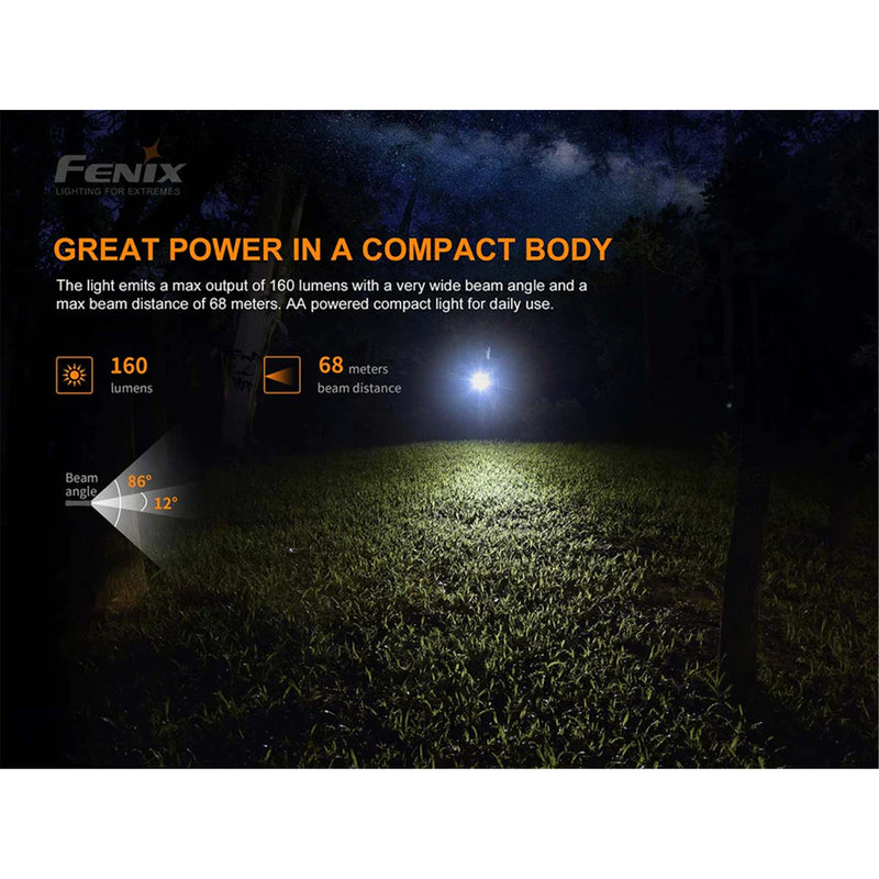 Fenix Everyday Carry Torch E12 V2.0 Mini Keychain Flashlight Max 160 Lumens, Head: 0.75" (19mm), Powered by 1 x AA Alkaline Battery. One-Hand Operate by Tail Switch