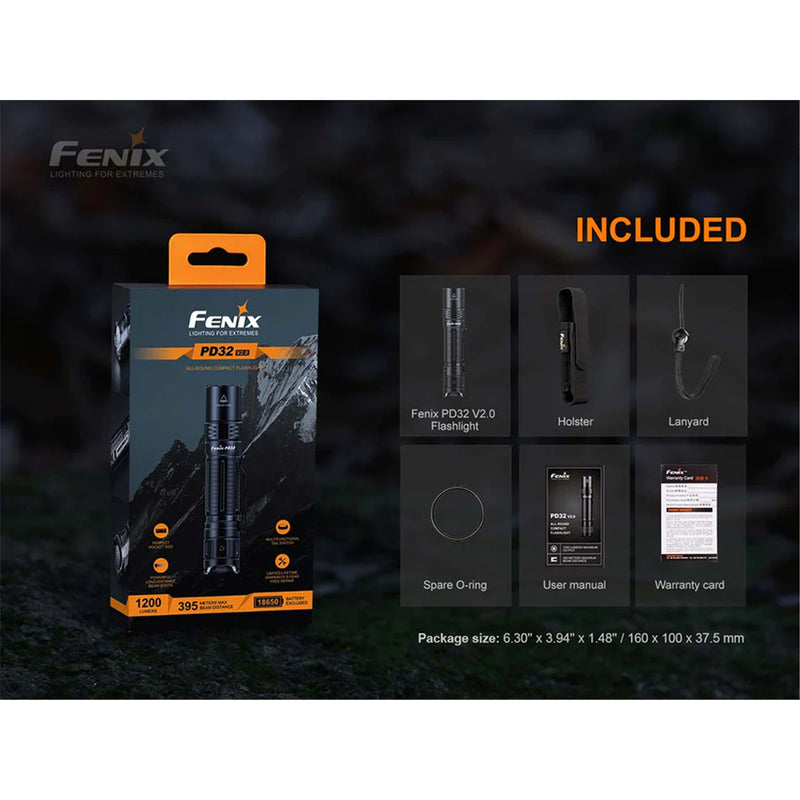 Fenix Tactical & Ourdoor Flashlights PD32 V2.0 Rechargable LED Torch Max 1,200 Lumens, Head: 1.0" (25.4mm), Powered by 1 x 18650 Li-ion Battery or 2 x Disposable CR123A Batteries (NOT Included), Compact with Multi-Function Tail Switch, 5 Ye