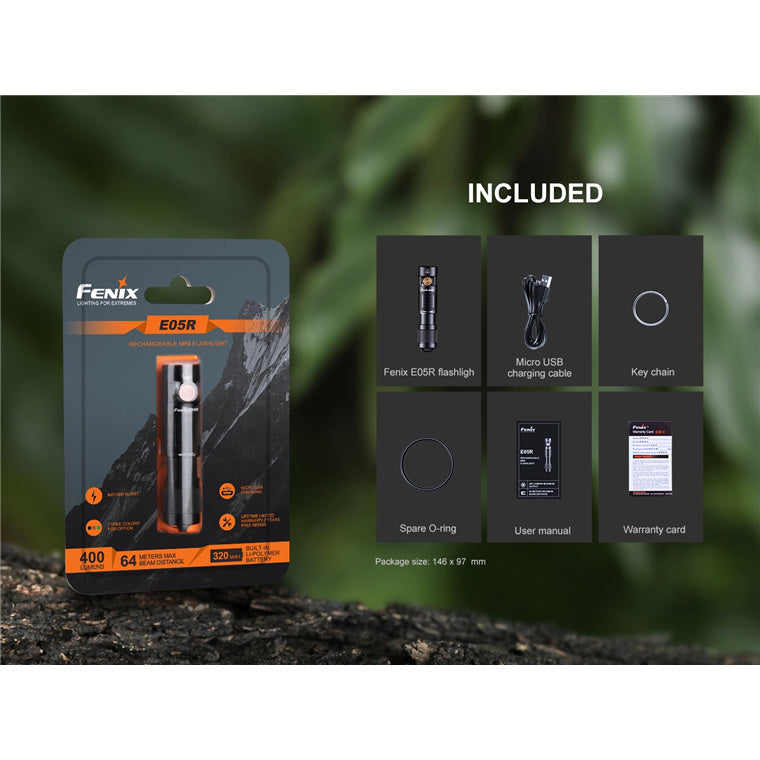 Fenix Everyday Carry Torch E05R Mini Keychain Flashlight Max 400 Lumens. Black, Head: 0.60" (15.3mm), Build-In 320mAH Li-polymer Battery & MicroUSB Charging Port, Aluminum, Metal Switch Operation, Micro USB Charging Cable is Included. 2 Yea