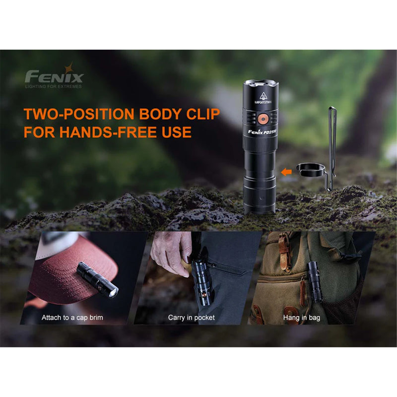 Fenix Outdoor & EDC PD25R Rechargeable Flashlight Max 800 Lumens, Head: 0.94" (24mm), Powered by 1 x 16340 700mAh Li-ion Battery (Included), Build-In USB-C Charging Port, USB Charging Cable is Included. 5 Years Free Repair Warranty (Battery