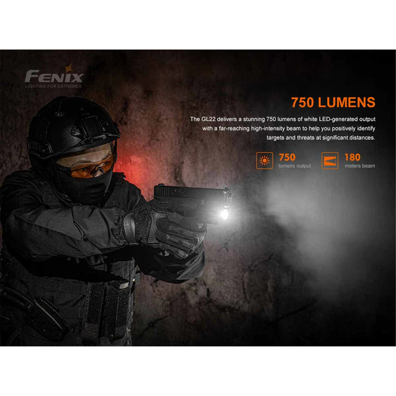 Fenix Gun Light & Tactical GL22 Multi-Purpose Tactical Flashlight, Max 750 Lumens, Powered by 1 x 16340 700mAh Li-ion Battery, Build-in Micro USB Charging Port, Precise Red Laser Aiming. 5 Years Free Repair Warranty (Battery for 1 year)!