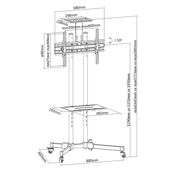 KONIC 37"-70" Versatile & Compact TV Cart Mobile Trolley - Height Adjustable DVD/AV component shelf & Camera shelf