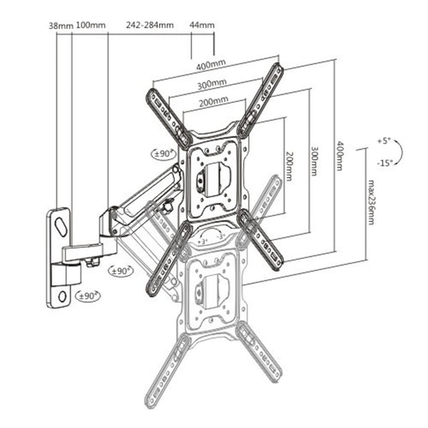 KONIC 23"-55" Full-Motion TV Wall Mount - Aluminum - Gas Spring - Weight Capacity 5-23kg