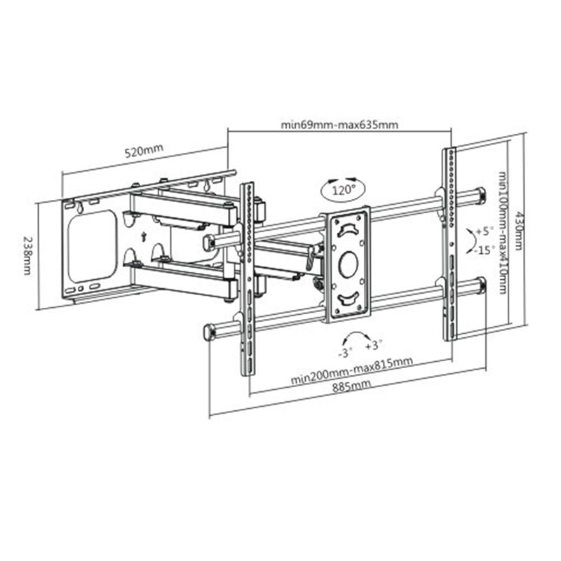 KONIC 37"-90" Full-Motion TV Wall Mount - Heavy-Duty Weight Capacity 75kg - Profile 69-635mm - Swivel Range +5-15