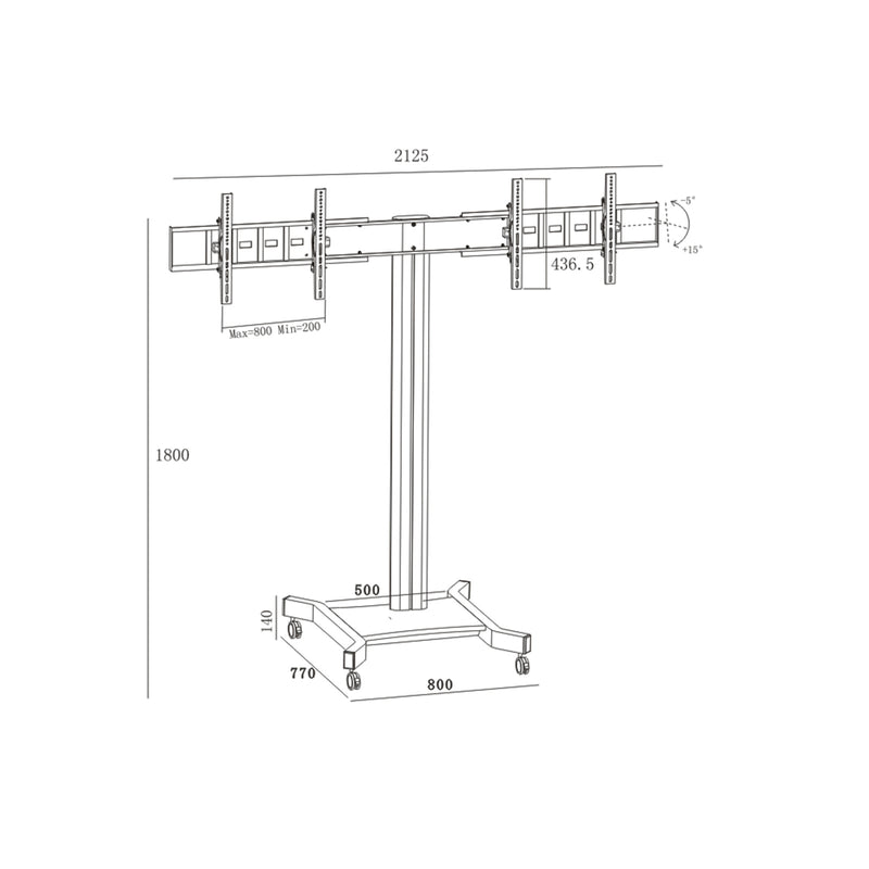 Koford AVA202F 30"-65" Dual TV Video Conference Trolley Mobile Cart - With Tray - VESA 800x400mm - Max Load 40kgs Per Mount - Black - Height Adjustable up to 1.8m