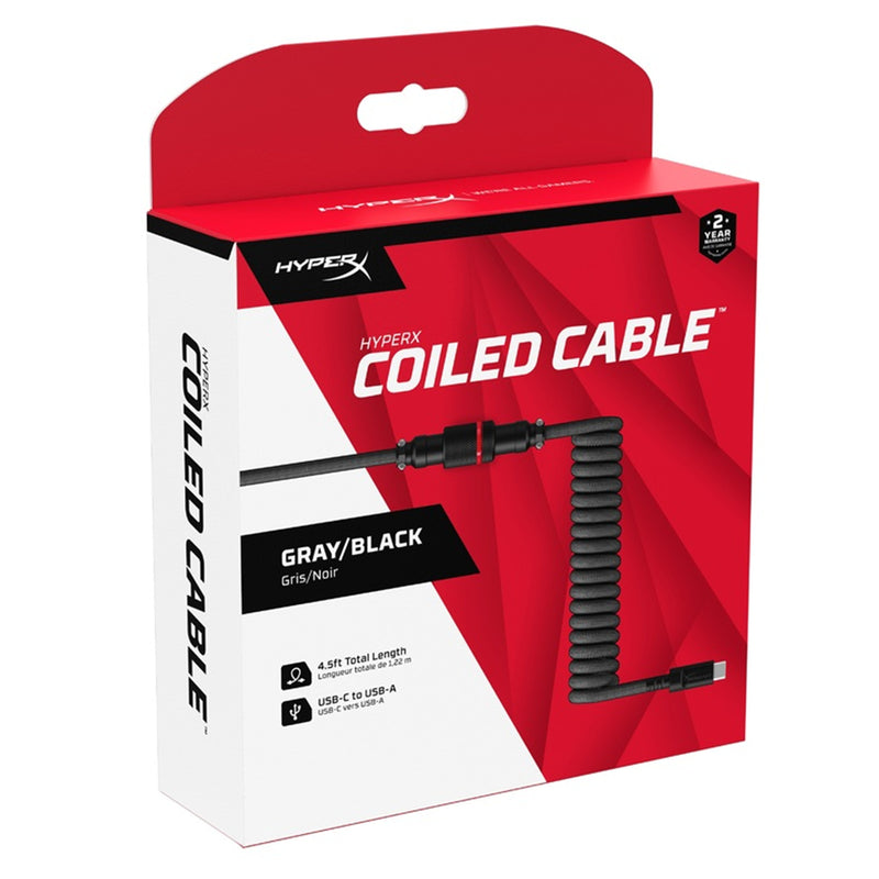 HyperX DURABLE COILED CABLE STYLISH DESIGN 5-Pin AVIATOR CONNECTOR USB-C to USB-A GREY/BLACK