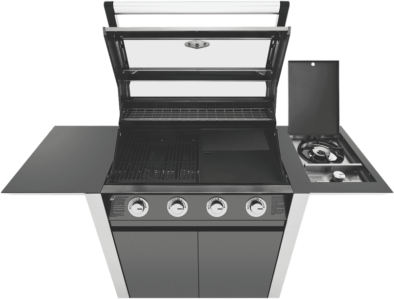 BeefEater 1600 Series Dark 4 Burner BBQ & Trolley w/ Side Burner, Cast Iron Burners & Grills