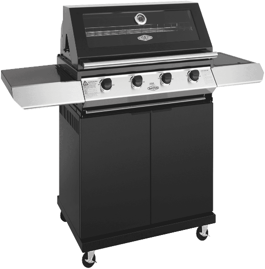 BeefEater 1200 Series Black Enamel 4 Burner BBQ & Trolley w/ Side Burner, Cast Iron Burners & Grills