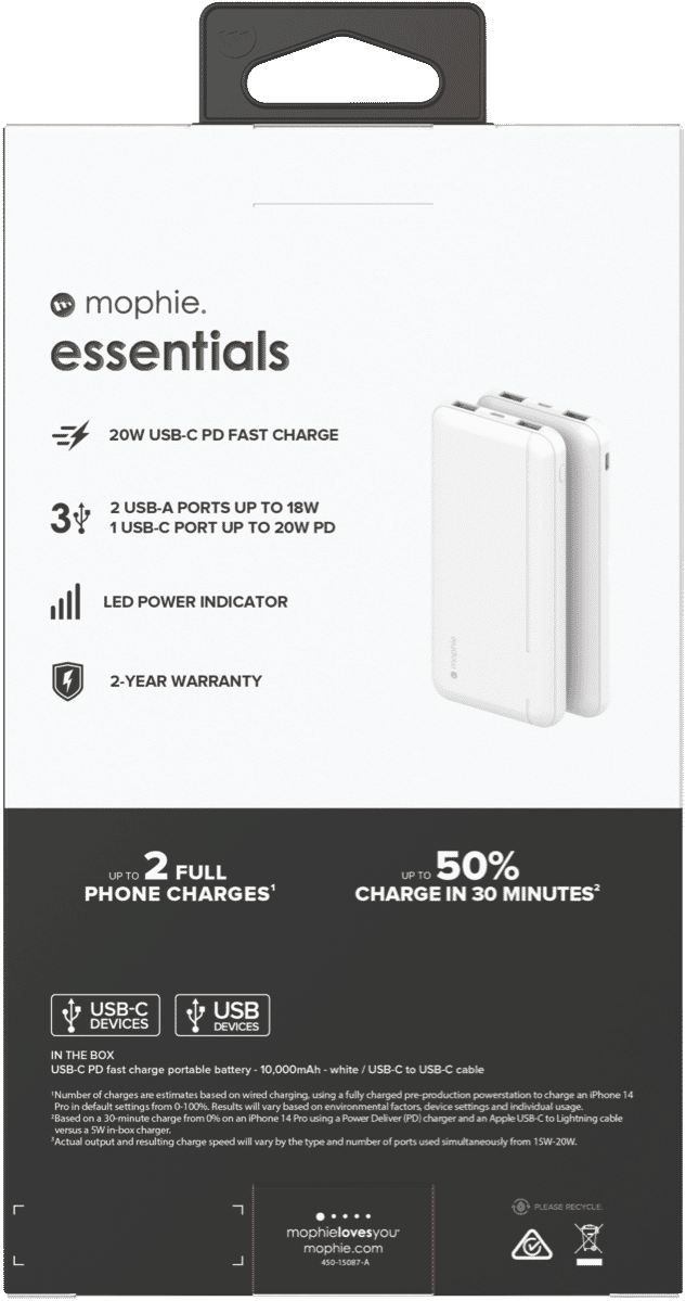 Mophie Essential PowerStation 10K PD 20W-2A1C White