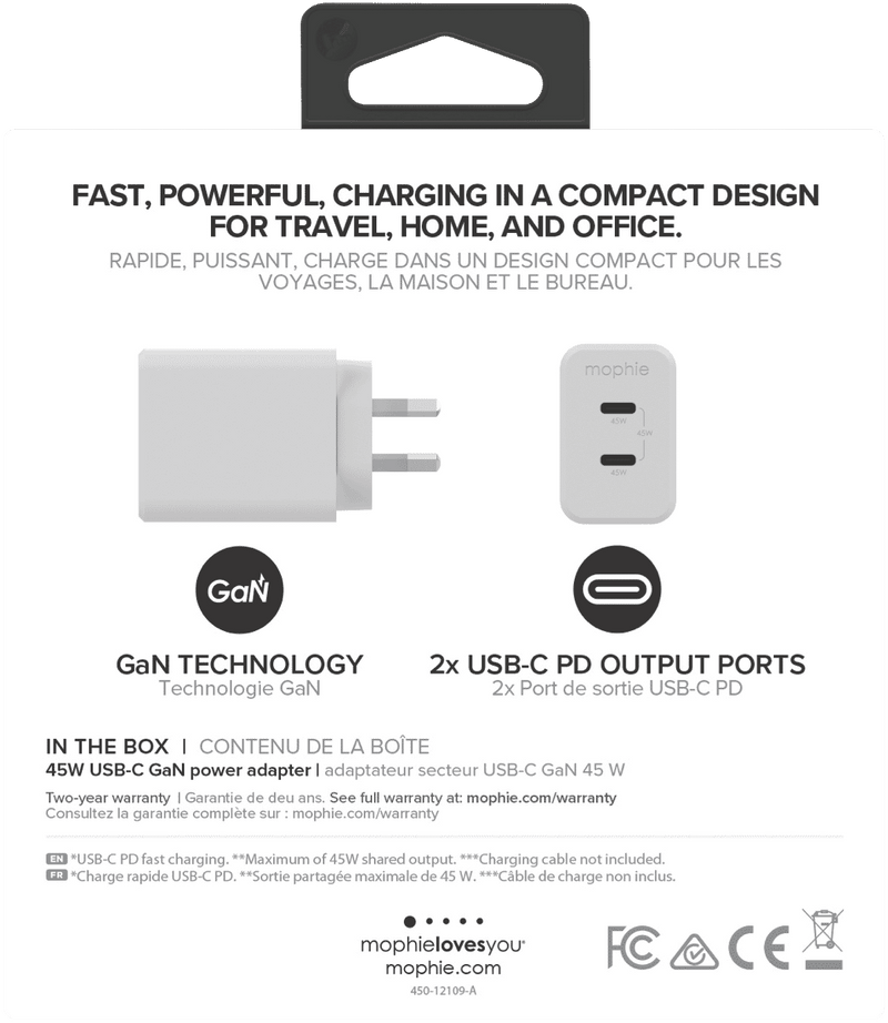 Mophie 45W Dual USB-C GaN Wall Charger PD 2C White