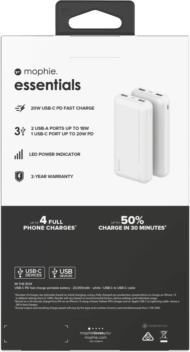 Mophie Essential PowerStation 20K PD 20W-2A1C White